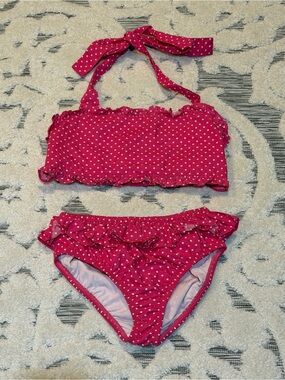 Kelly’s Kids girls 14/16 Pink Polka Dot Ruffle Bikini Set bathing suit swim VGUC